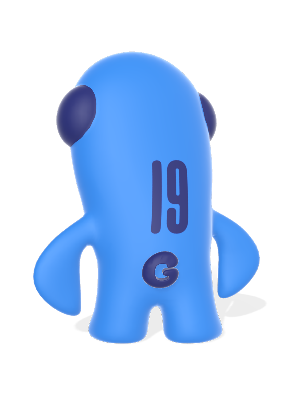 Back view of the blue character 'Duno,' inspired by the GA-2100.