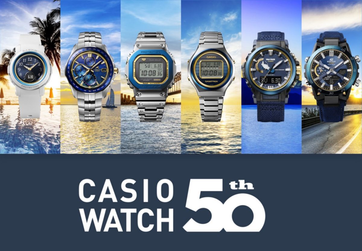 CASIO WATCH 50TH ANNIVERSARY From left: BGA-S290SS-2A, OCW-S7000SS-2A, GMW-B5000SS-2, TRN-50SS-2A, PRW-61SS-2, ECB-2000SS-2A