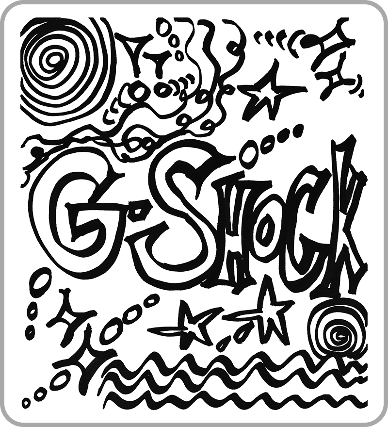 XG 的手绘插图，中间写着 G-SHOCK。 