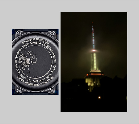 以纽约夜色天际线为背景,特写镜头展现G-SHOCK表背的精美细节。