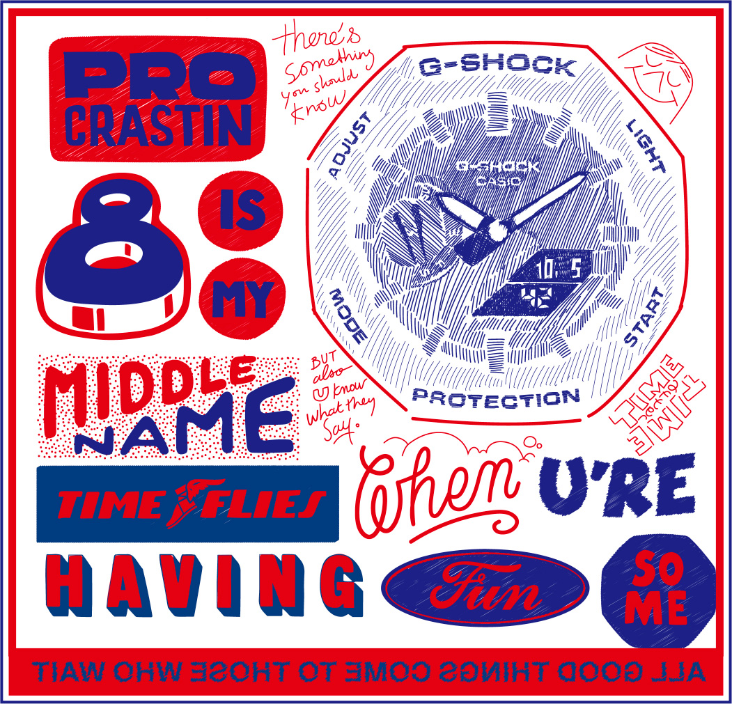 以 G-SHOCK 和大胆的字体为特色的图形海报艺术。