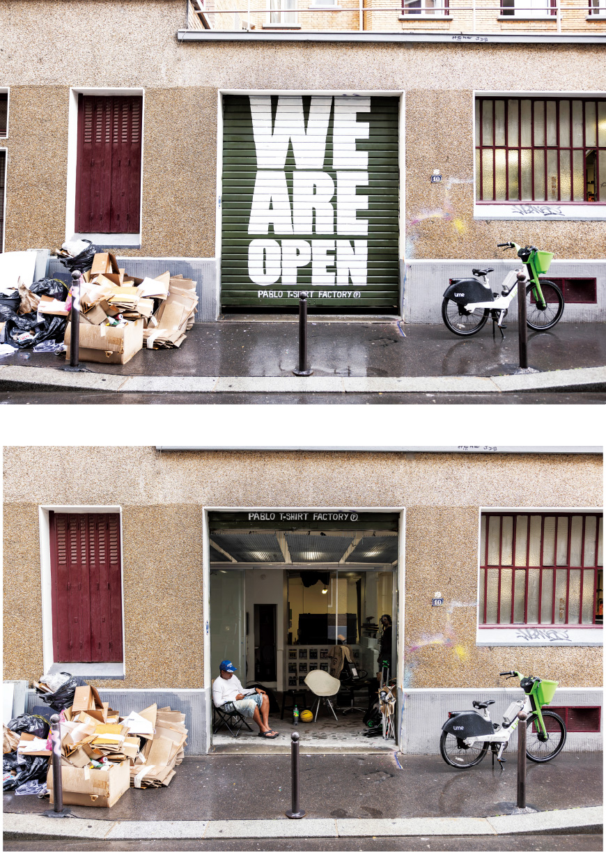 这是一张巴勃罗-阿塔尔工作室的外景照片，上面挂着 "我们正在营业 "的牌子。