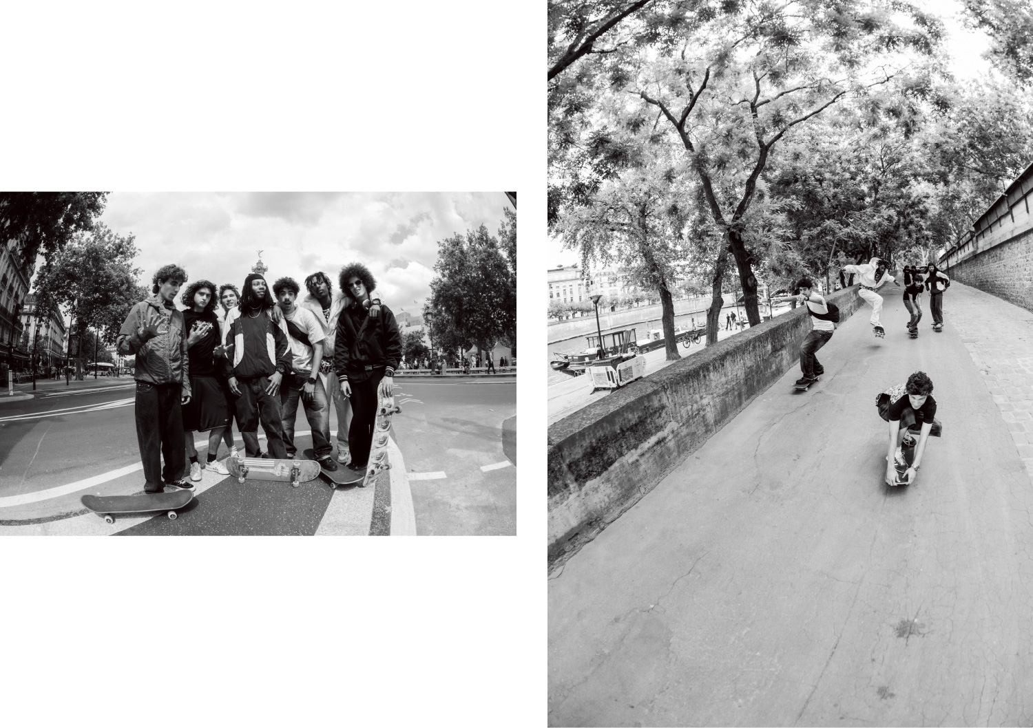 一群巴黎年轻人站在一起，代表着巴黎的滑板和街头文化社区。