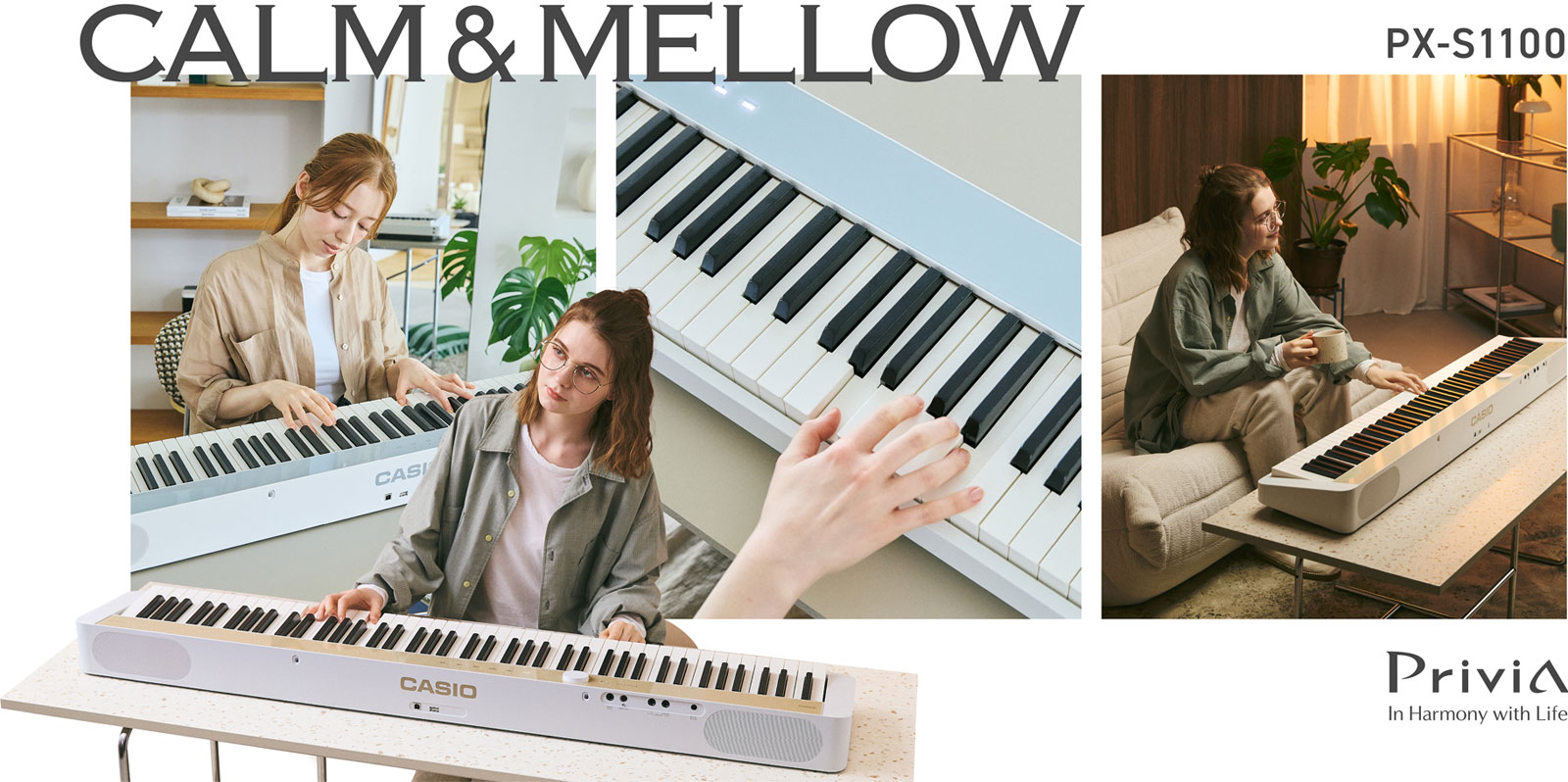 平静的蓝色和醇厚的米色钢琴以及弹奏钢琴的人的图像。 